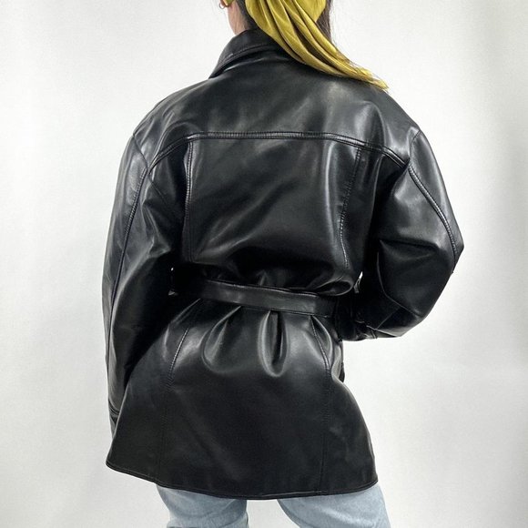 90s style ultra thick oversized leather jacket with button closure - Picture 4 of 4